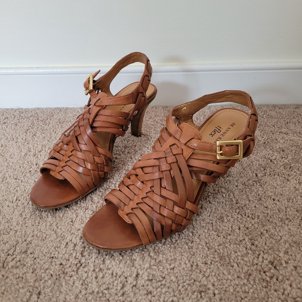 Anne Klein iflex Woven Genuine Leather Sandal Heel Size 7.5
